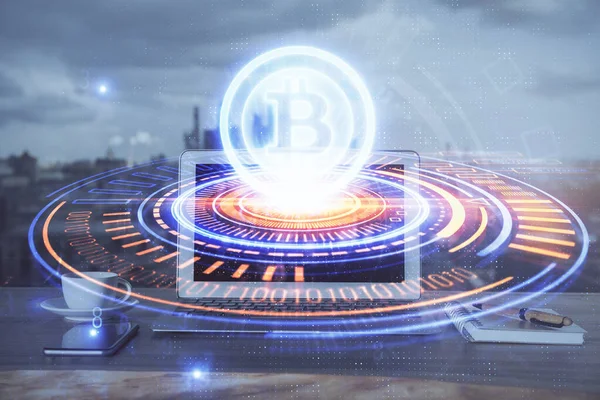 Doble exposición de la cadena de bloques tema holograma y tabla con fondo de la computadora. Concepto de moneda criptomoneda bitcoin. —  Fotos de Stock