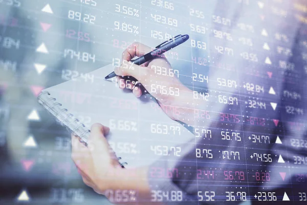 Πολλαπλή έκθεση των χεριών που κάνουν σημειώσεις με τα διαγράμματα forex. Έννοια της χρηματιστηριακής αγοράς. — Φωτογραφία Αρχείου