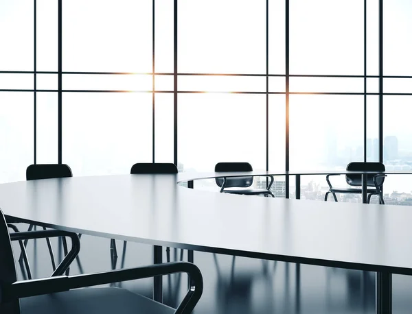 Futuristic conference interior room with city view.