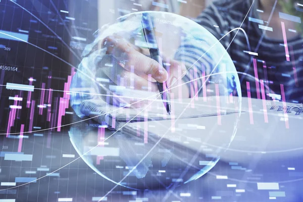 Financial forex graph drawn over hands taking notes background. Concept of research. Double exposure — Stock Photo, Image