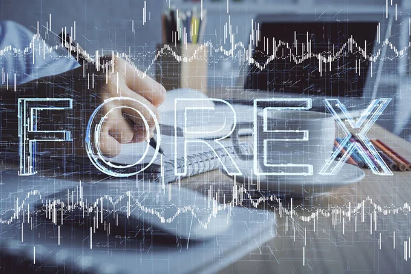 Cuadro financiero dibujado sobre las manos tomando notas de fondo. Concepto de investigación. Doble exposición —  Fotos de Stock