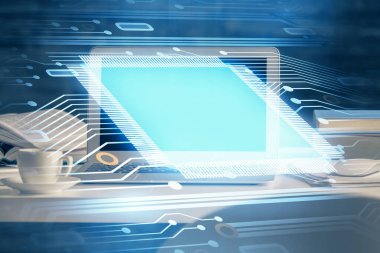 Teknoloji temalı çizim ve bilgisayarlı masa. Çoklu maruz kalma. Bilgi kavramı.