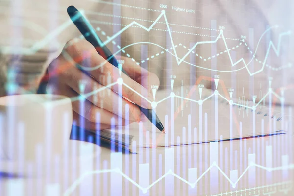 Grafico Forex visualizzato sulla mano delle donne prendere appunti di sfondo. Concetto di ricerca. Doppia esposizione — Foto Stock