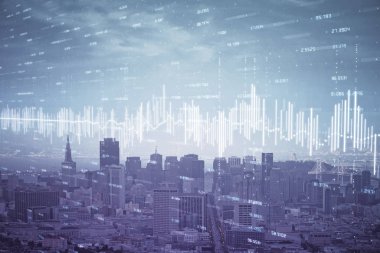 Gökdelenler arka planda çoklu pozlama ile şehir görünümünde eski grafik. Mali analiz kavramı.