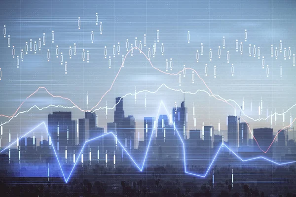 Forex chart on cityscape with skyscrapers wallpaper double exposure. Financial research concept. — Stock Photo, Image