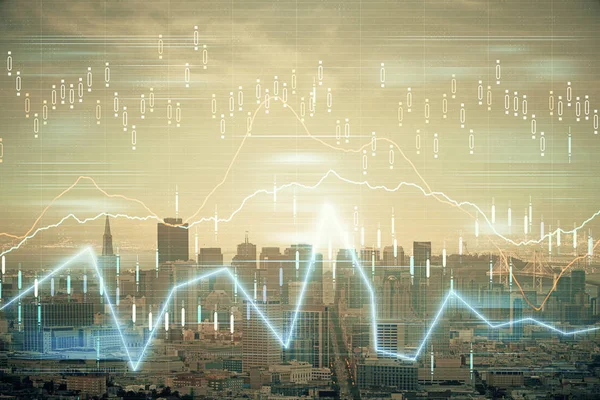 Gráfico Forex en vista de la ciudad con rascacielos fondo multi exposición. Concepto de análisis financiero . —  Fotos de Stock