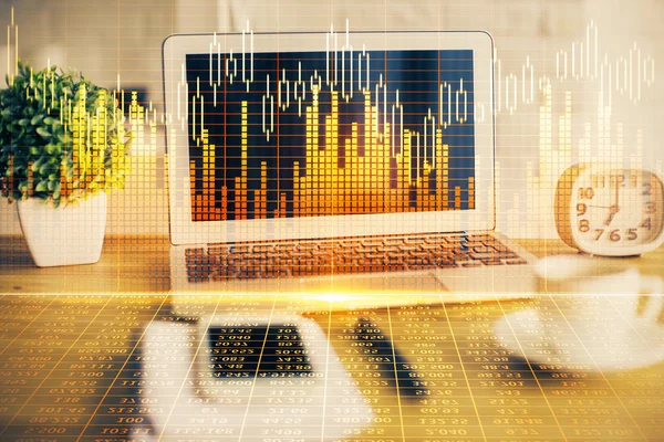 Multi exposure of forex chart and work space with computer. Concept of international online trading. — Stock Photo, Image