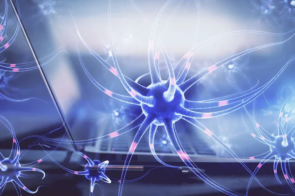 Desktop computer background and neuron drawing. Double exposure. Education concept. — Stock Photo, Image