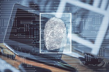 Ofisteki bilgisayarın parmak izi çizimi. Çifte maruziyet. İş veri güvenliği kavramı.