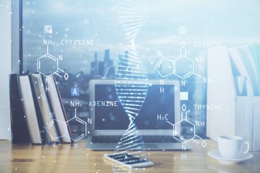 Masaüstü bilgisayar arkaplanı ve DNA çizimi. Çifte maruziyet. Bilim konsepti.