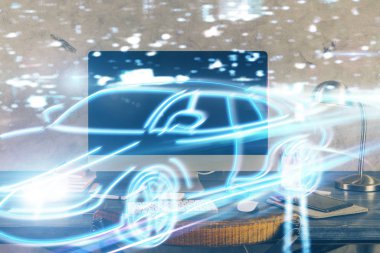 Otomobil hologramı çizimi olan masaüstü bilgisayar arkaplanı. Çoklu maruz kalma. Teknoloji kavramı.