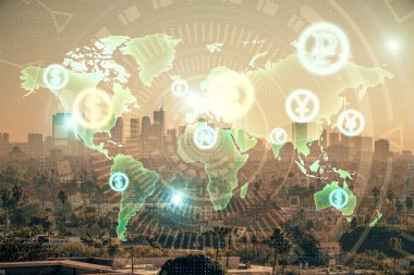 Gökdelenler, duvar kağıtları ve çoklu pozlama ile şehir manzarasının eski çizelgesi. Finansal araştırma kavramı.