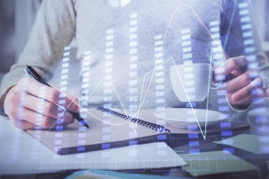 Forex grafik hologram el notları arka plan alarak. Analiz kavramı. Çift Pozlama
