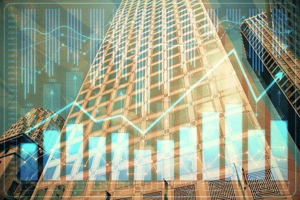 Forex chart on cityscape with tall buildings background multi exposure. Financial research concept. — Stock Photo, Image