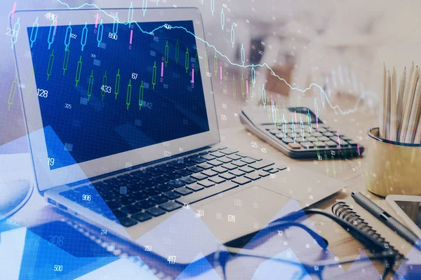 Financial graph colorful drawing and table with computer on background. Double exposure. Concept of international markets. — Stock Photo, Image