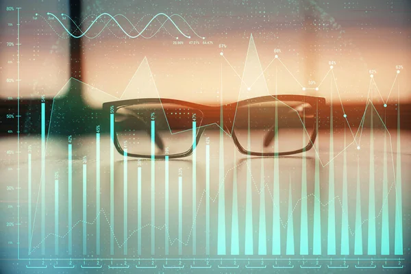 Financial graph hologram with glasses on the table background. Concept of business. Double exposure. — Stock Photo, Image
