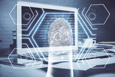 Ofisteki bilgisayarın parmak izi çizimi. Çifte maruziyet. İş veri güvenliği kavramı.