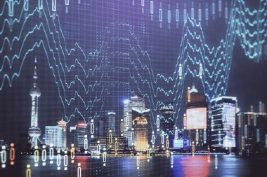 Yüksek binalar arka plan çift pozlama ile gece şehir scape mali grafik. Analiz kavramı.