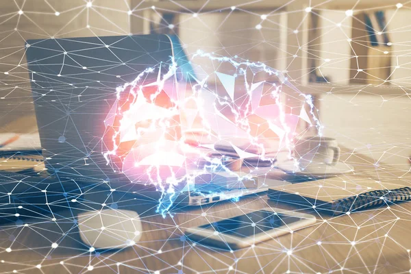 Dubbele belichting van werktafel met computer en hersenschets hologram. Brainstormconcept. — Stockfoto