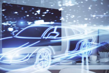 Otomobil hologramı çizimi olan masaüstü bilgisayar arkaplanı. Çoklu maruz kalma. Teknoloji kavramı.