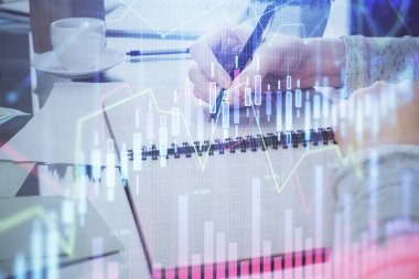 Not defteri 'nde el notu almak. Ön Forex grafik hologramlar. Araştırma kavramı. Çift Pozlama