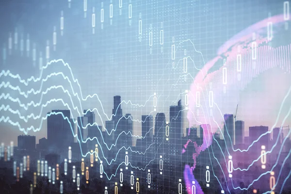 Forex diagram på stadsbilden med skyskrapor tapeter dubbel exponering. Finansiell forskning. — Stockfoto