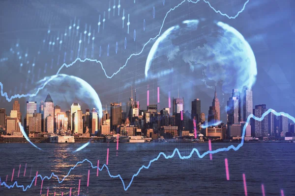 Diagrama de la divisa en paisaje urbano con edificios altos fondo multi exposición. Concepto de investigación financiera . —  Fotos de Stock