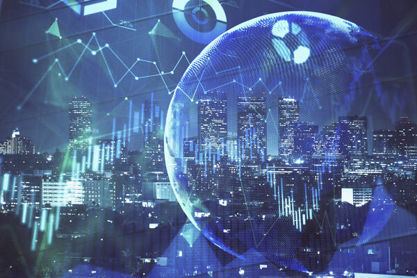 Financial graph on night city scape with tall buildings background multi exposure. Analysis concept.