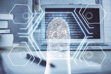 Ofisteki bilgisayarın parmak izi çizimi. Çifte maruziyet. İş veri güvenliği kavramı.