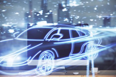 Otomobil hologramı çizimi olan masaüstü bilgisayar arkaplanı. Çoklu maruz kalma. Teknoloji kavramı.