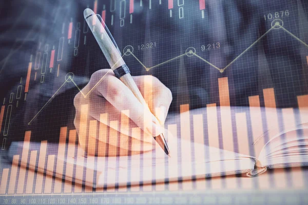 Dubbele blootstelling van dames handen maken van notities met Forex Graph hologram. Concept technische analyse. — Stockfoto