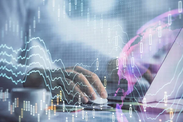 Double exposure of forex graph with man working on computer on background. Concept of market analysis. — Stock Photo, Image