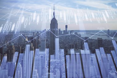 Gökdelenler arka planda çift pozlama ile şehir görünümünde eski grafik. Mali analiz kavramı.