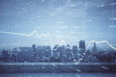 Gökdelenler arka planda çoklu pozlama ile şehir görünümünde eski grafik. Mali analiz kavramı.