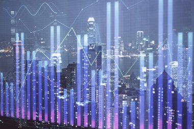 Cityscape arka plan üzerinde forex grafik çizimleri çift pozlama. Başarı kavramı.