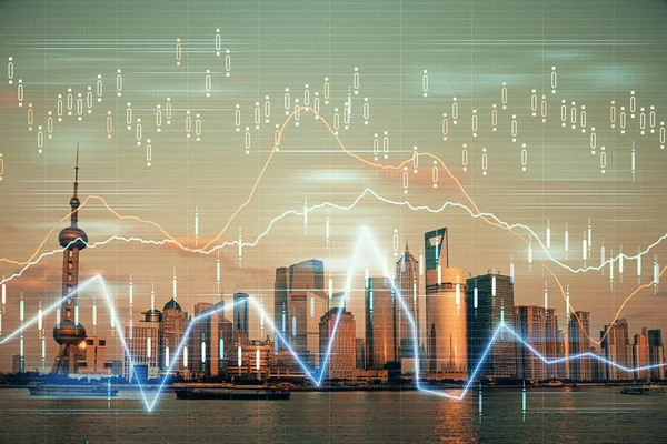 Forex graph on city view with skyscrapers background double exposure. Financial analysis concept. — Stock Photo, Image