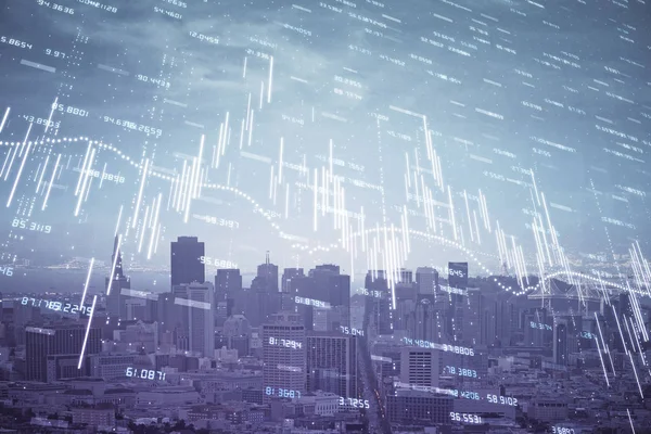Gráfico Forex en vista de la ciudad con rascacielos fondo multi exposición. Concepto de análisis financiero . — Foto de Stock