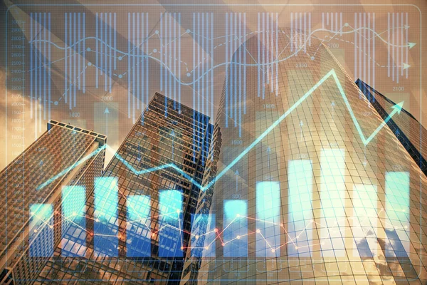Forex chart on cityscape with skyscrapers wallpaper multi exposure. Financial research concept. — Stock Photo, Image