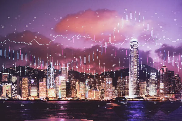 Double exposure of forex chart drawings over cityscape background. Concept of success. — Stock Photo, Image