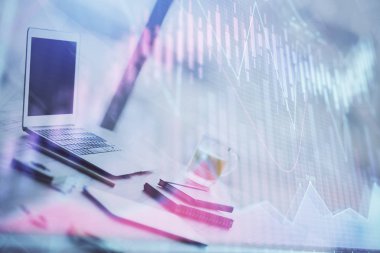 Bilgisayar geçmişi olan eski grafik hologramı. Çoklu maruz kalma. Finans piyasası kavramı.