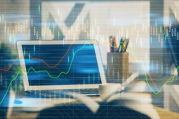 Multi exposure of forex chart and work space with computer. Concept of international online trading. — Stock Photo, Image