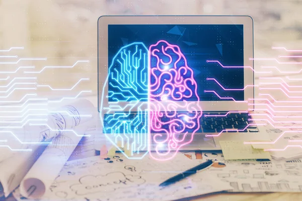 Multiblootstelling van de werkruimte met computer en menselijk hersenhologram. Brainstormconcept. — Stockfoto