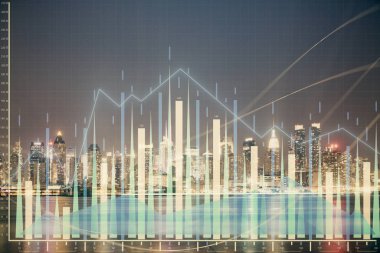 Yüksek binalar arka plan çok pozlama ile gece şehir scape mali grafik. Analiz kavramı.