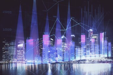 Yüksek binalar arka plan çok pozlama ile şehir scape mali grafik. Analiz kavramı.