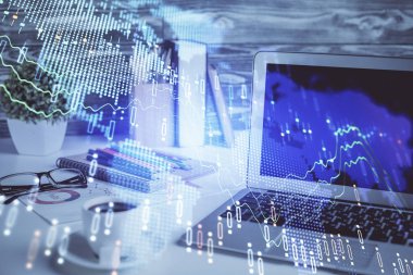 Eski pazar grafiği hologramı ve kişisel bilgisayar geçmişi. Çifte maruziyet. Yatırım kavramı.