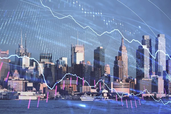 Gráfico Forex en vista de la ciudad con rascacielos fondo doble exposición. Concepto de análisis financiero . —  Fotos de Stock