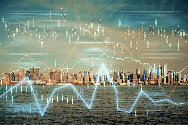 Forex graph on city view with skyscrapers background double exposure. Financial analysis concept. — Stock Photo, Image