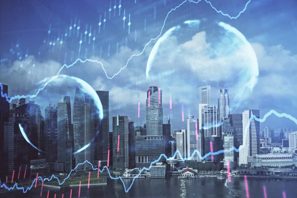 Devisendiagramm auf Stadtbild mit Wolkenkratzern Tapete Multi-Exposure. Finanzielles Forschungskonzept. — Stockfoto