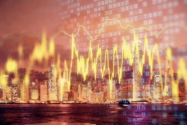 Multi exposure of forex chart drawings over cityscape background. Concept of success. — Stock Photo, Image