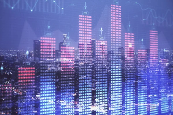 Financial graph on night city scape with tall buildings background double exposure. Analysis concept.